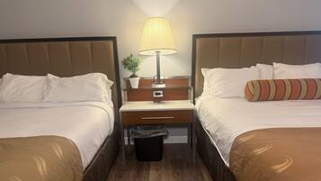 A hotel room with two beds, a bedside table with a lamp, a small potted plant, and a trash bin.