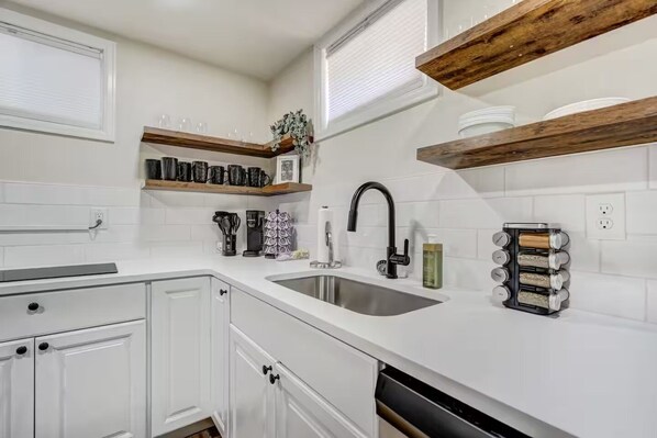 Fridge, microwave, stovetop, dishwasher - Quiet Basement Retreat | King Bed, Firepit, Yard (Colorado Springs)