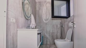 Shower, hair dryer, bidet, towels