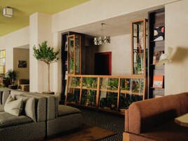 Ein modernes Wohnzimmer mit einem Ecksofa, einer hohen Zimmerpflanze, einer Pflanzenvitrine aus Glas und einem Deckenventilator.