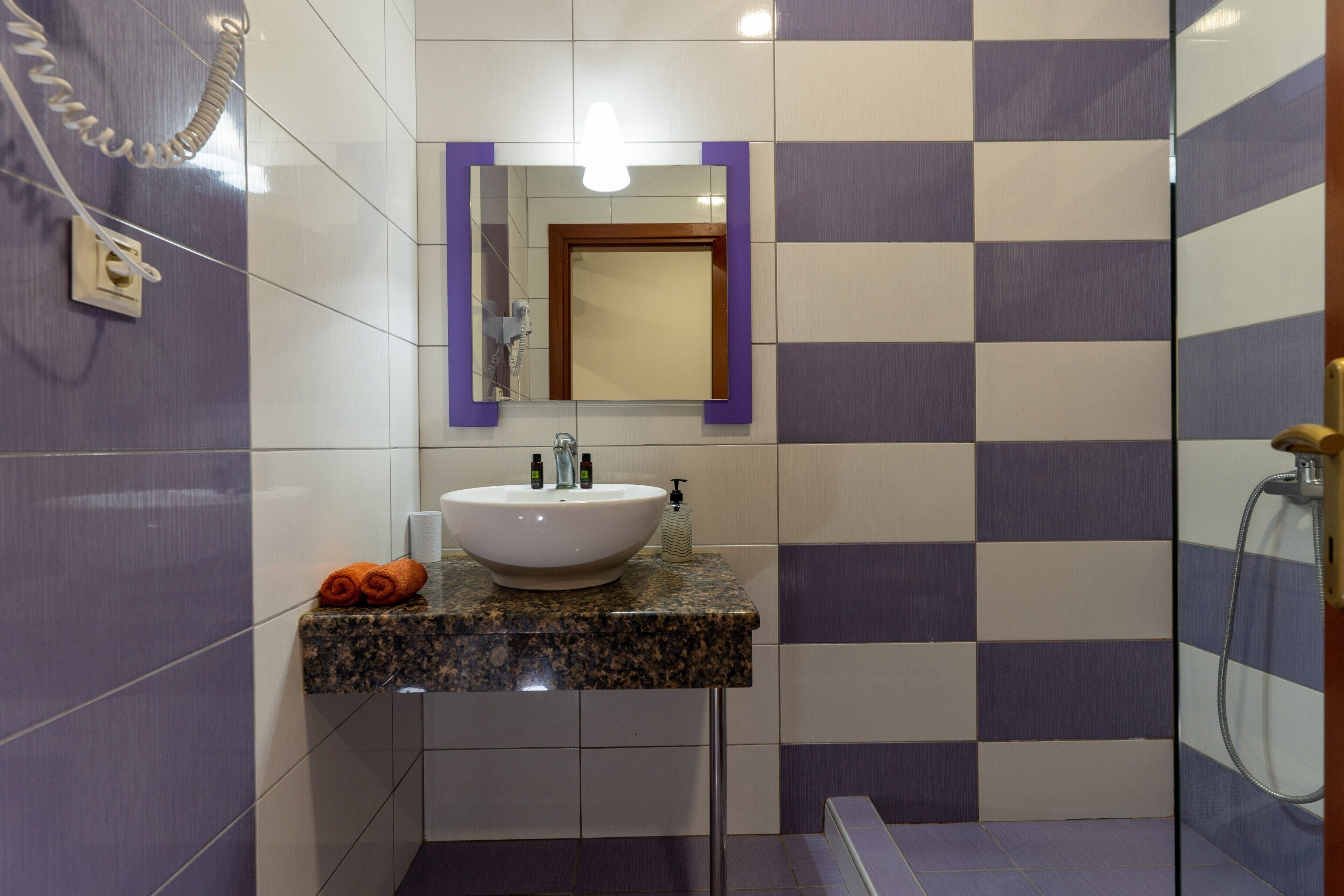 Shower, free toiletries, hair dryer, towels