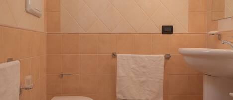 Een badkamer met toilet, wastafel en handdoekhouder.