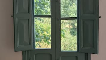 Una ventana con contraventanas verdes, una planta en maceta en el alféizar y vistas al verdor exterior.