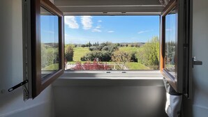 Una stanza con vista su un paesaggio verde, un soffitto con travi in legno e un cuscino a motivi zebrati sul pavimento.
