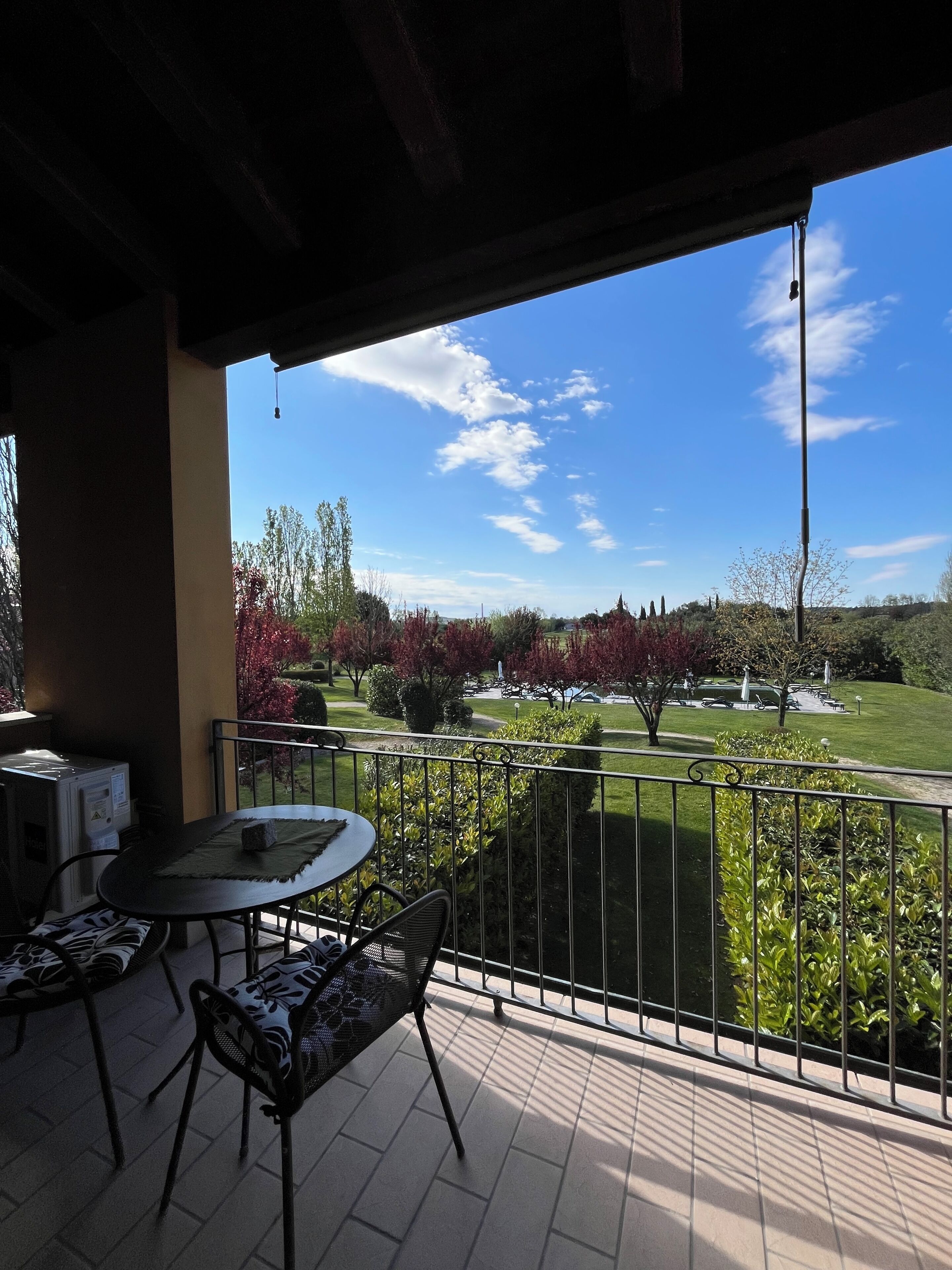 Un espace extérieur abrité, doté d’une table et de chaises, offrant une vue sur un parc arboré et un ciel dégagé.