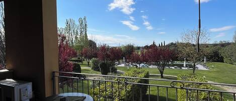 Un espace extérieur abrité, doté d’une table et de chaises, offrant une vue sur un parc arboré et un ciel dégagé.