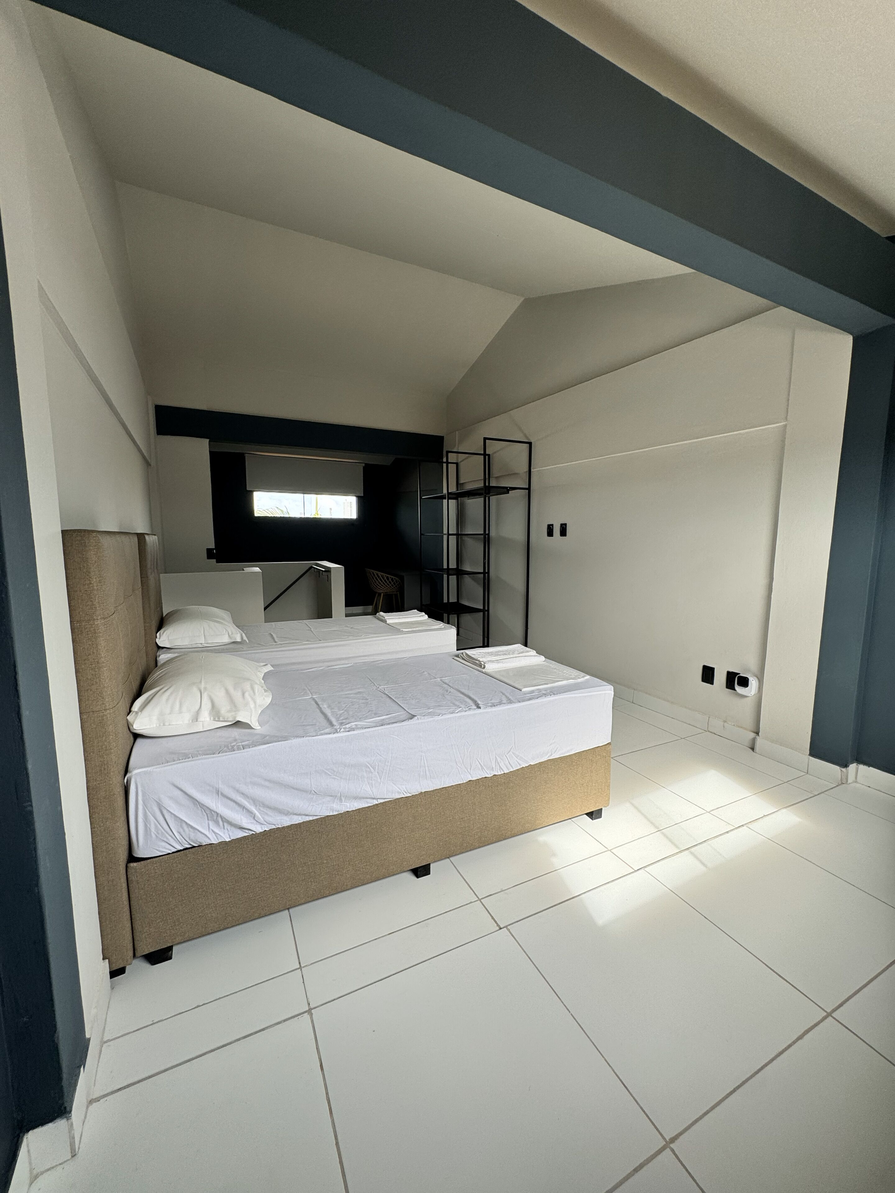 Desk, laptop workspace, blackout curtains, iron/ironing board