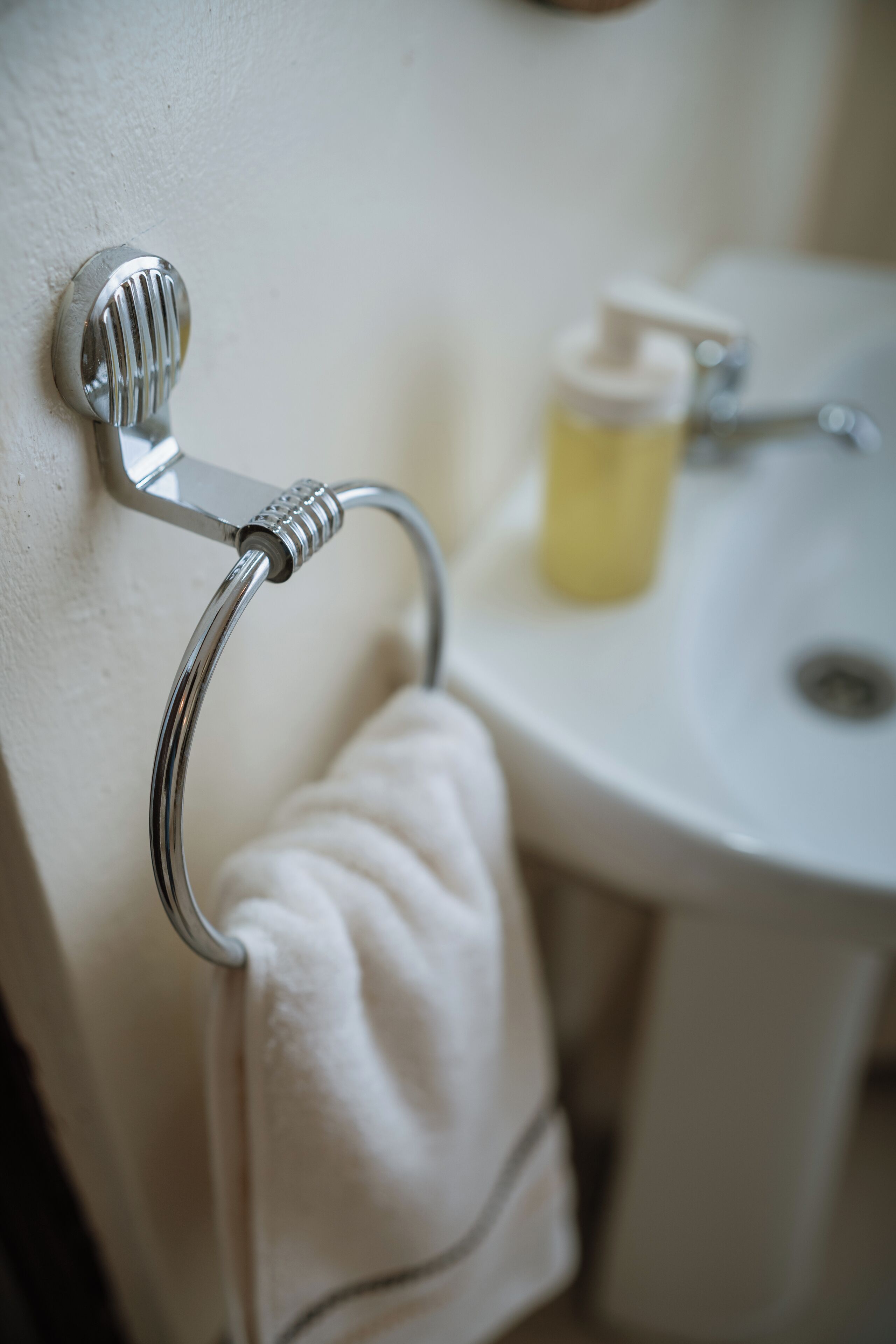 Une salle de bain avec un porte-serviettes fixé au mur, un lavabo et un flacon de savon.