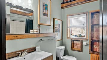 A bathroom with a sink, mirror, toilet, and framed windows.