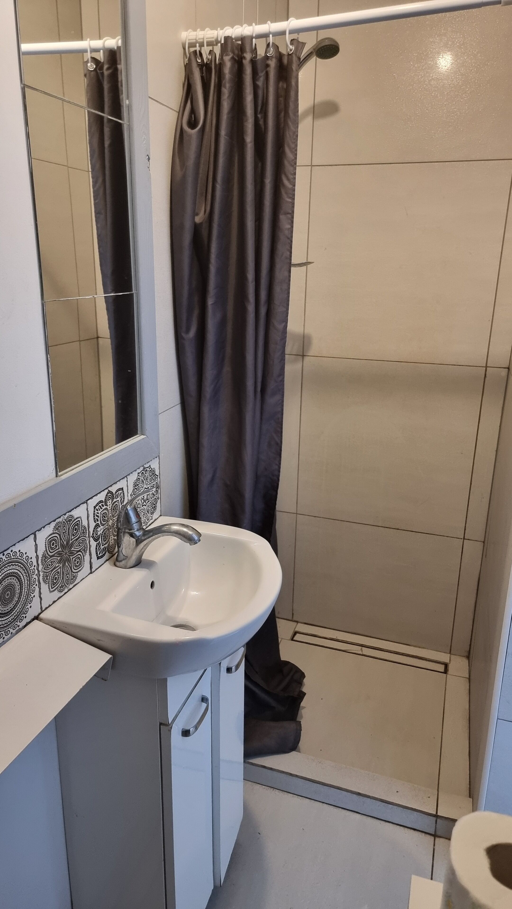 Une salle de bain avec un lavabo blanc, un miroir et un rideau de douche.