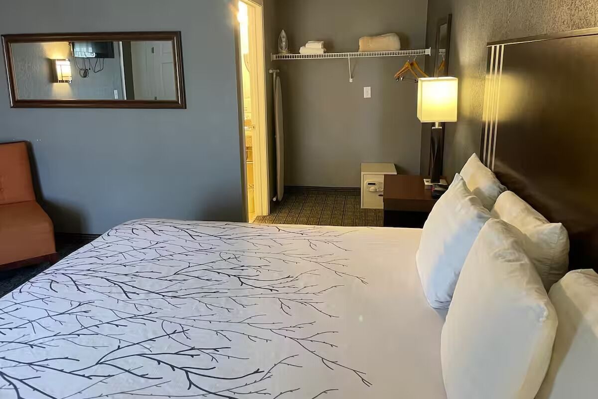 Recharge in a spacious king room with easy closet storage.