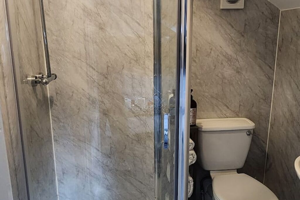 Une salle de bain avec une douche à parois de verre, des toilettes et un mur en marbre.