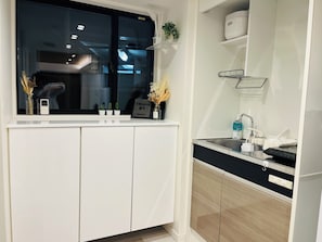 Fridge, microwave, stovetop, high chair