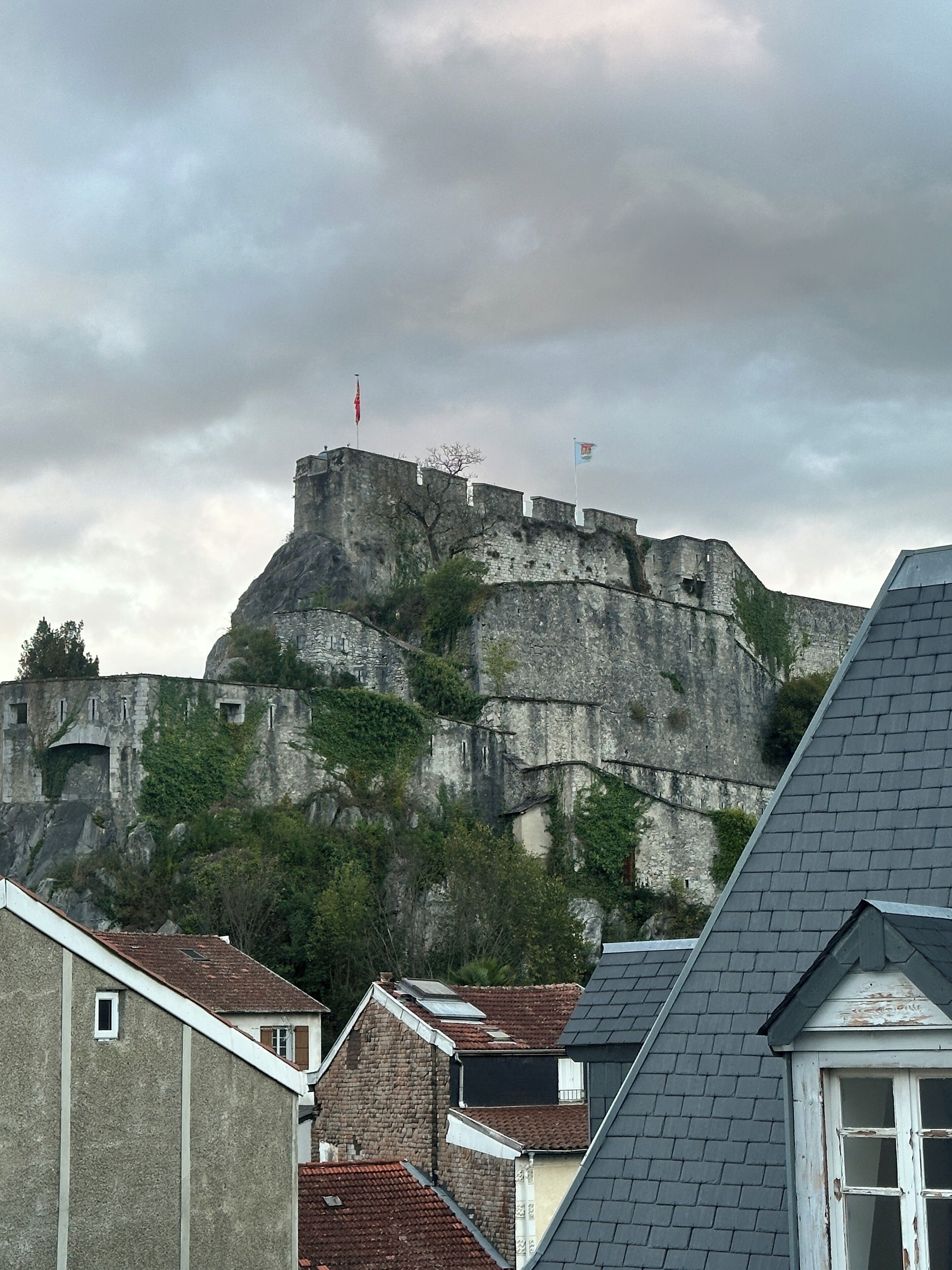 A historic stone fortress with flags, surrounded by residential buildings with tiled roofs.