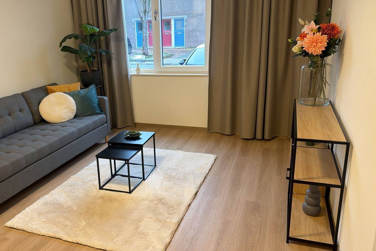 A modern living room with a grey sofa, a small black table, a white rug, a tall black shelf with a vase of flowers, and a window with curtains.