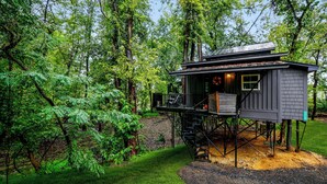 Una casa en un árbol con escalera de metal, rodeada de un bosque frondoso.