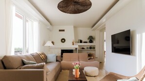 Un salon comprenant un canapé, un fauteuil et un pouf, une table basse avec une plante, et un téléviseur fixé au mur.