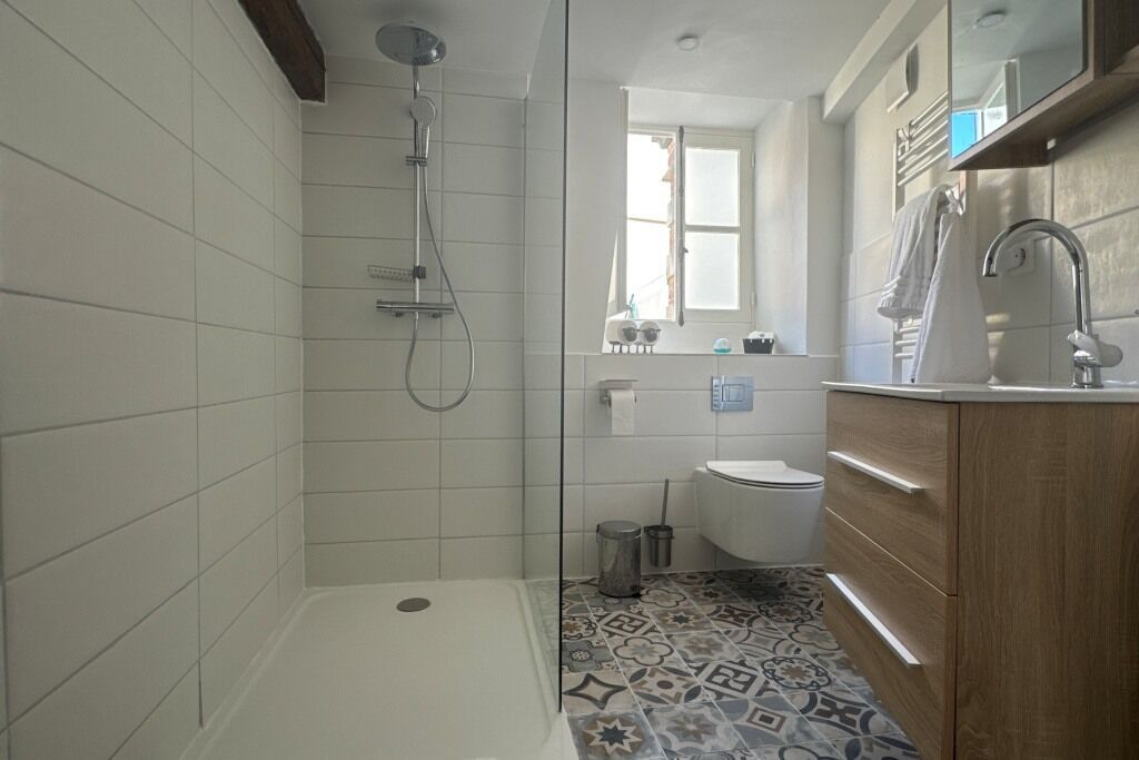Shower, hair dryer, towels, toilet paper