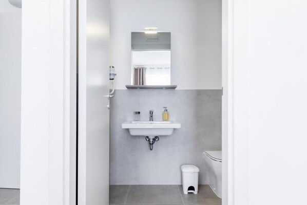 Une salle de bain moderne avec un lavabo blanc, un miroir et des toilettes.