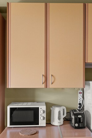 A kitchenette with a microwave, kettle, and toaster on a wooden countertop. - La Casetta (Kefalonia)