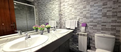 Hair dryer, towels, soap, toilet paper