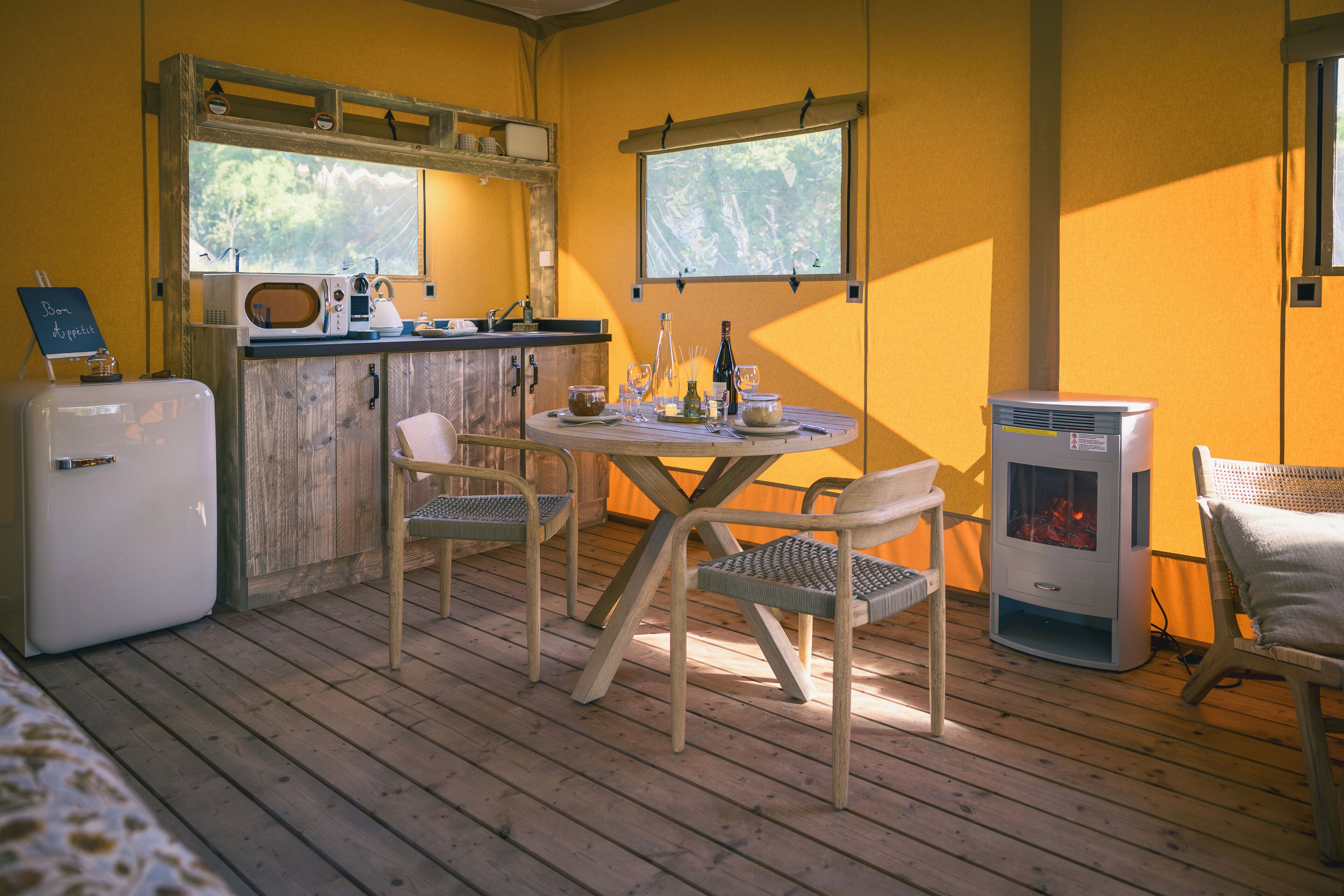 Mini-fridge, microwave, espresso maker, electric kettle