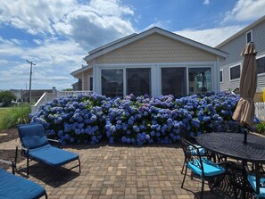 A patio area with a brick floor, a round table, and blue chairs. - Coastal Retreat in South Bethany (South Bethany)