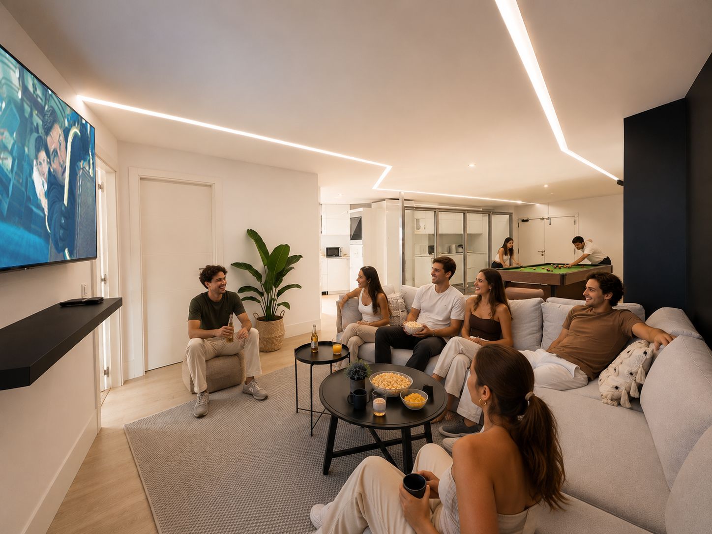 Een moderne woonkamer met een flatscreen televisie, een pooltafel en een zithoek.