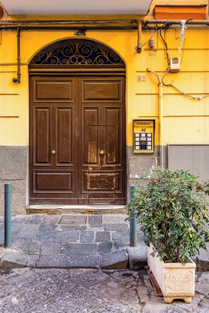 A brown double door with a decorative arch, a potted plant, and a sign with the number 42. - Cozy Escape by NapoliApartments (Arenaccia)