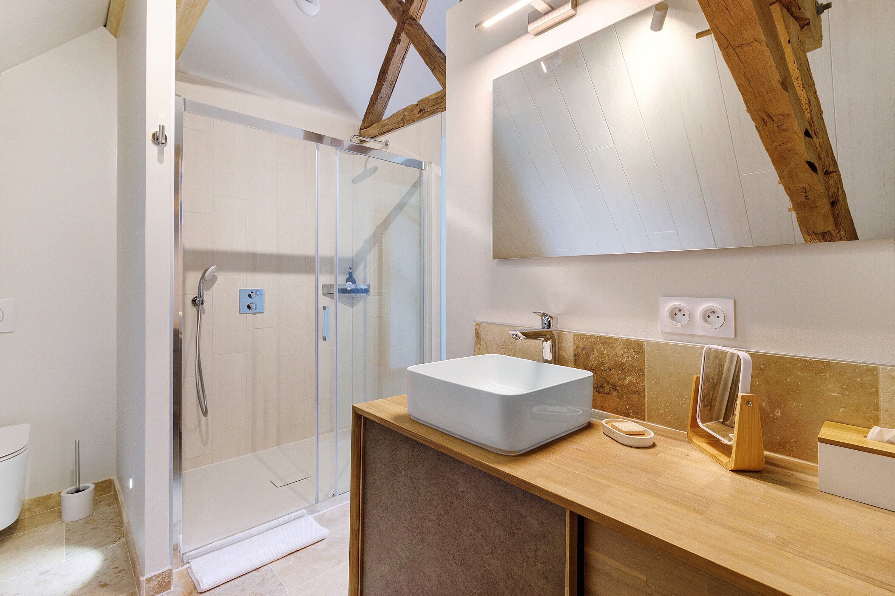 Shower, hair dryer, towels