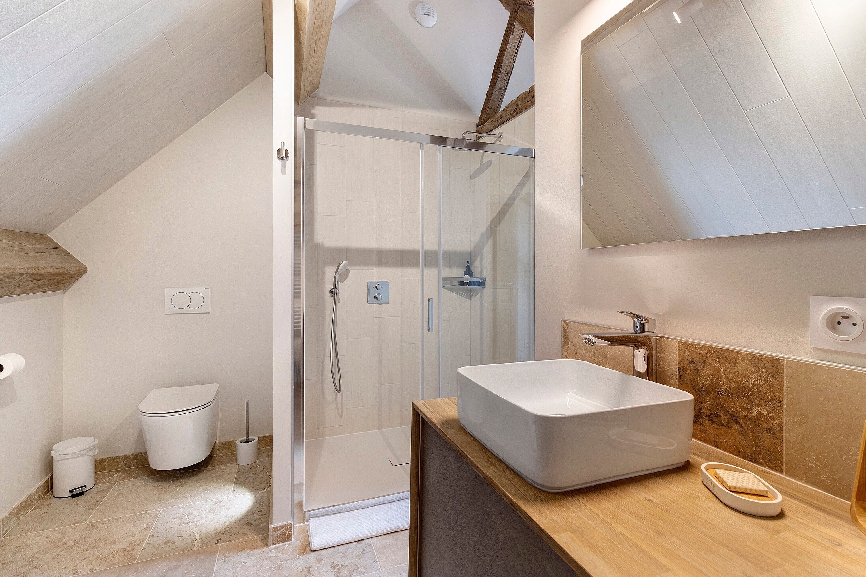 Shower, hair dryer, towels