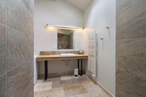 Shower, hair dryer, towels