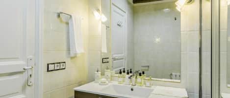 Hair dryer, towels, soap, toilet paper