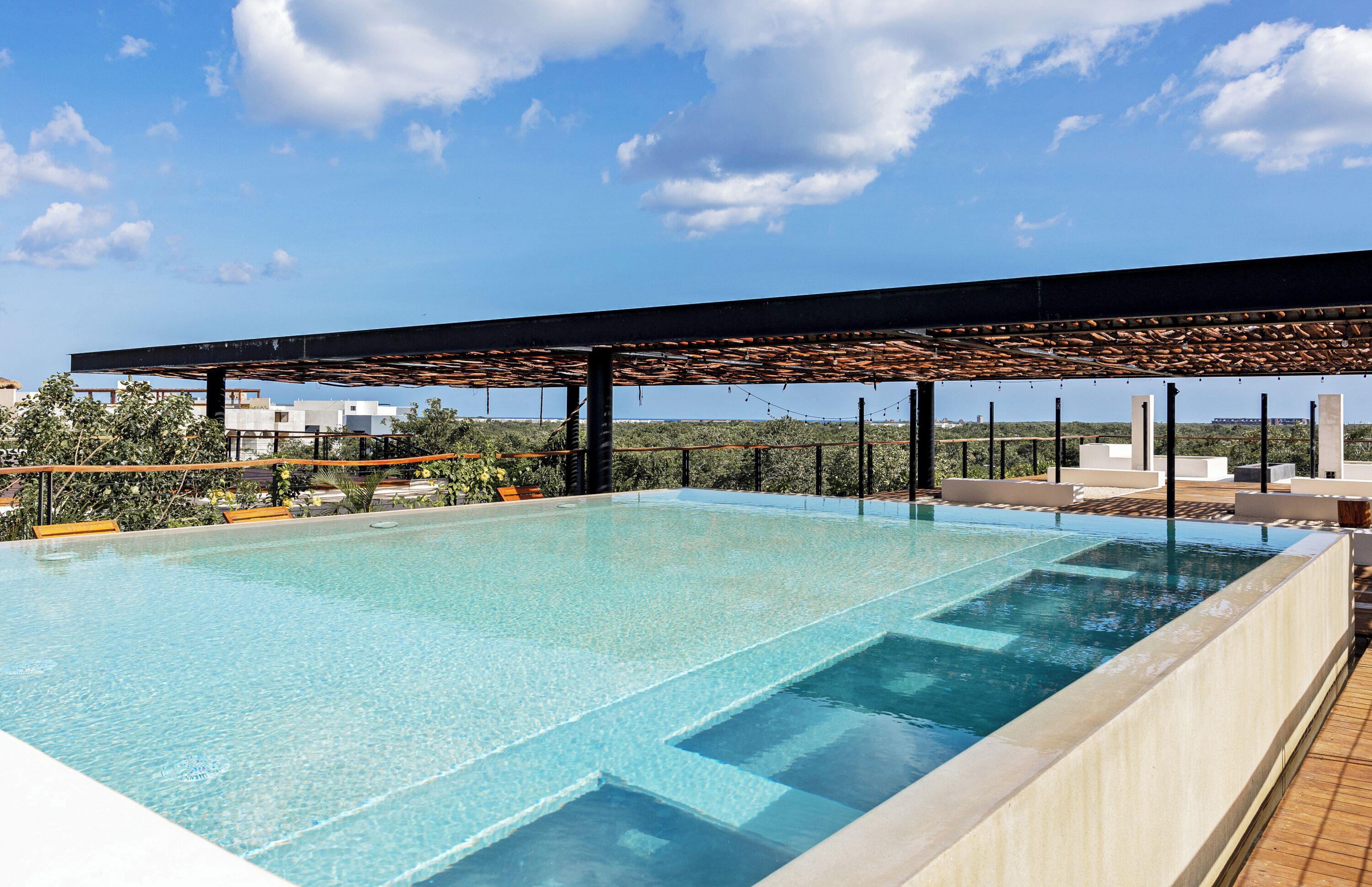 Outdoor pool, pool umbrellas, pool loungers