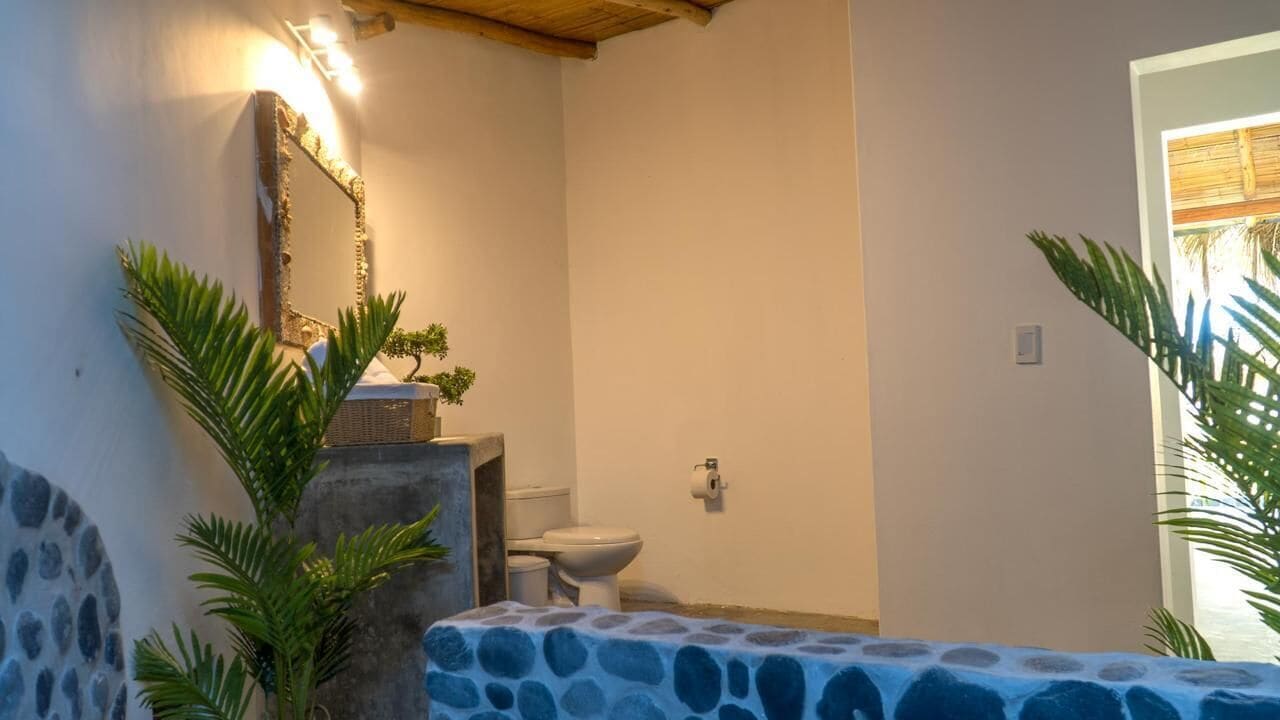 A bathroom with a stone sink, a mirror, a toilet, and a small plant.