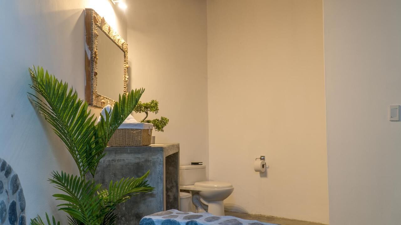 Un baño con inodoro, lavamanos, espejo y una planta.