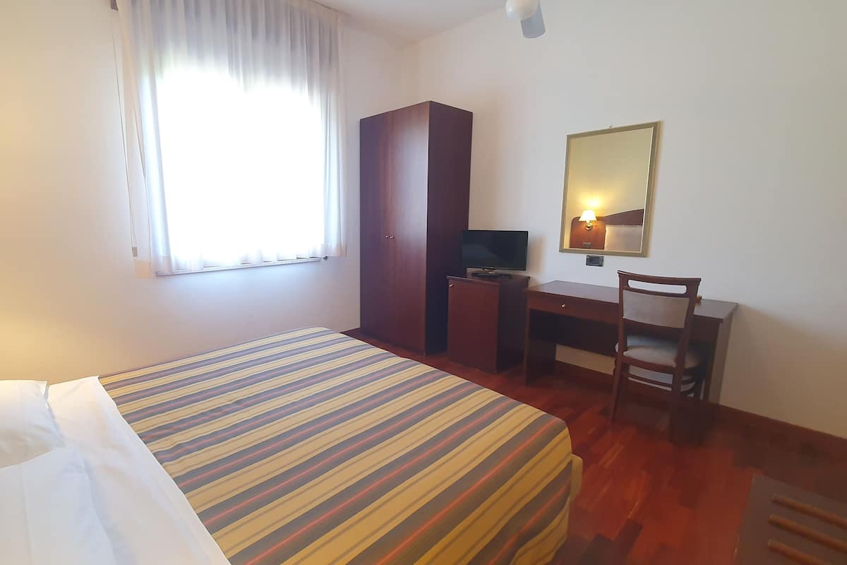 A hotel room with a bed, a desk, a chair, a television, and a mirror.