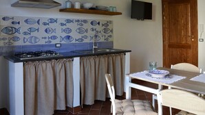 A compact kitchen with a gas stove, a sink, and a tiled backsplash featuring fish patterns. There is a wooden shelf above the stove and a television mounted on the wall. - Anemone is an independent apartment consisting of an equipped kitchen-living room with a single sofa bed, a double bedroom overlooking the main square and the sea, and a bathroom made of handmade ceramic, equipped with a washing machine. The accommodatio (SANTO STEFANO DI CAMASTRA - ME)