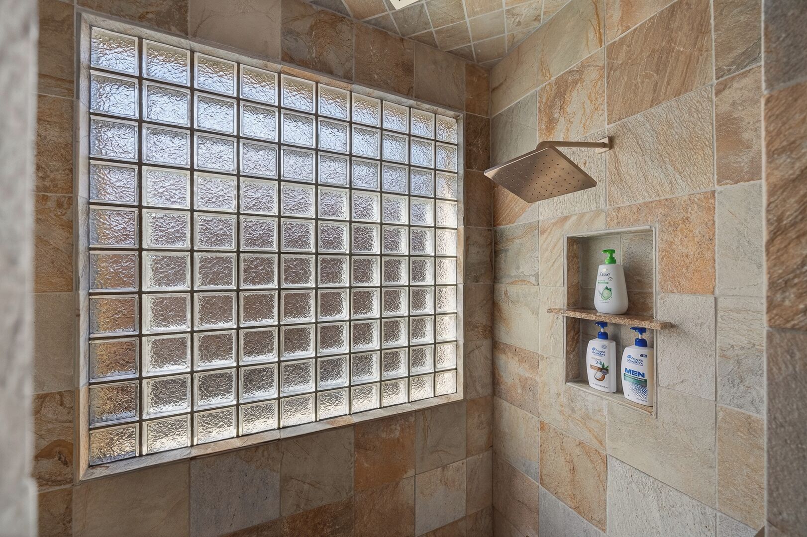 Une salle de bain avec une fenêtre en blocs de verre, une pomme de douche et une étagère contenant des articles de toilette.