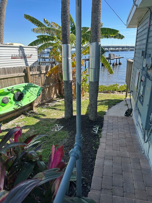 Propiedad frente al agua con un kayak verde, palmeras y un muelle.