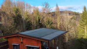 A wooden cabin with a porch, large windows, and a view of a forested area. - Vacation apartment in the Franconian Forest (Nordhalben)