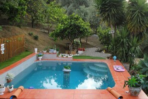 Ein rechteckiger Pool mit Fliesenbord, umgeben von einem Holzzaun, Topfpflanzen und einer Rasenfläche mit Bäumen.