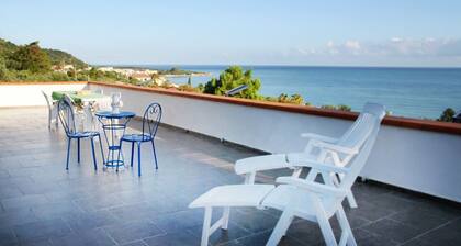 L’Oasi nella Natura is an independent house with large private outdoor spaces and a 180-degree panoramic view of the Mediterranean Sea and the Aeolian Islands.The house consists of two air-conditioned double bedrooms, a living and dining area, a fully