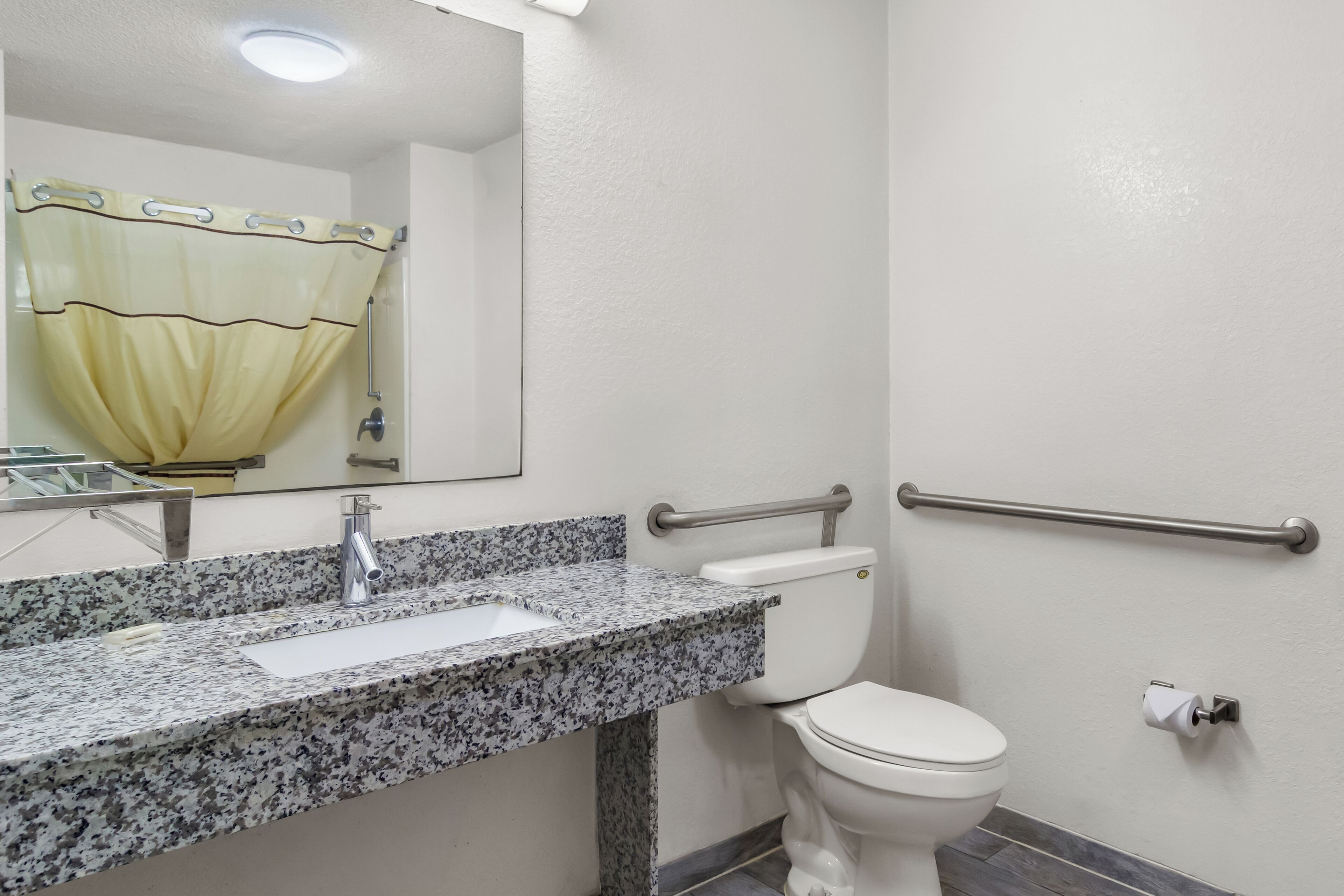 A bathroom with a granite countertop sink, a white toilet, a mirror, and a shower curtain.