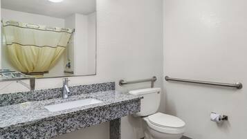 A bathroom with a granite countertop sink, a white toilet, a mirror, and a shower curtain.