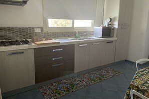 Eine Küche mit Gaskochfeld, Mikrowelle, Spüle und Holzschränken.