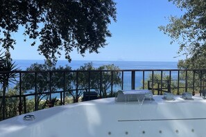 A hot tub with a view of the sea, surrounded by greenery and a metal railing. - Villa Alice is an independent newly built villa, designed in the traditional “dammuso” style with its characteristic dome and overlooking the sea. It is a retreat immersed in nature, perfect for those seeking peace, privacy and an authentic stay. The (Marina di Caronia)
