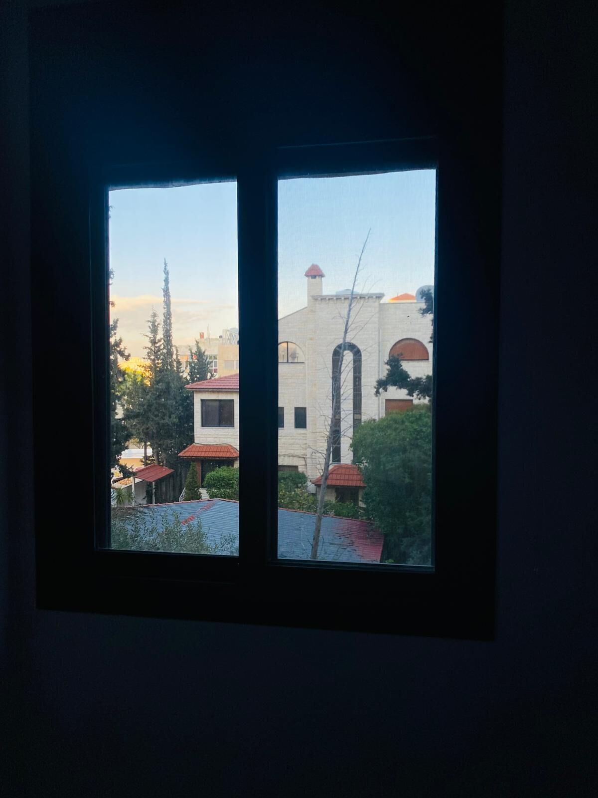 A view through a window with a building featuring a red roof and a chimney, surrounded by trees and other buildings.