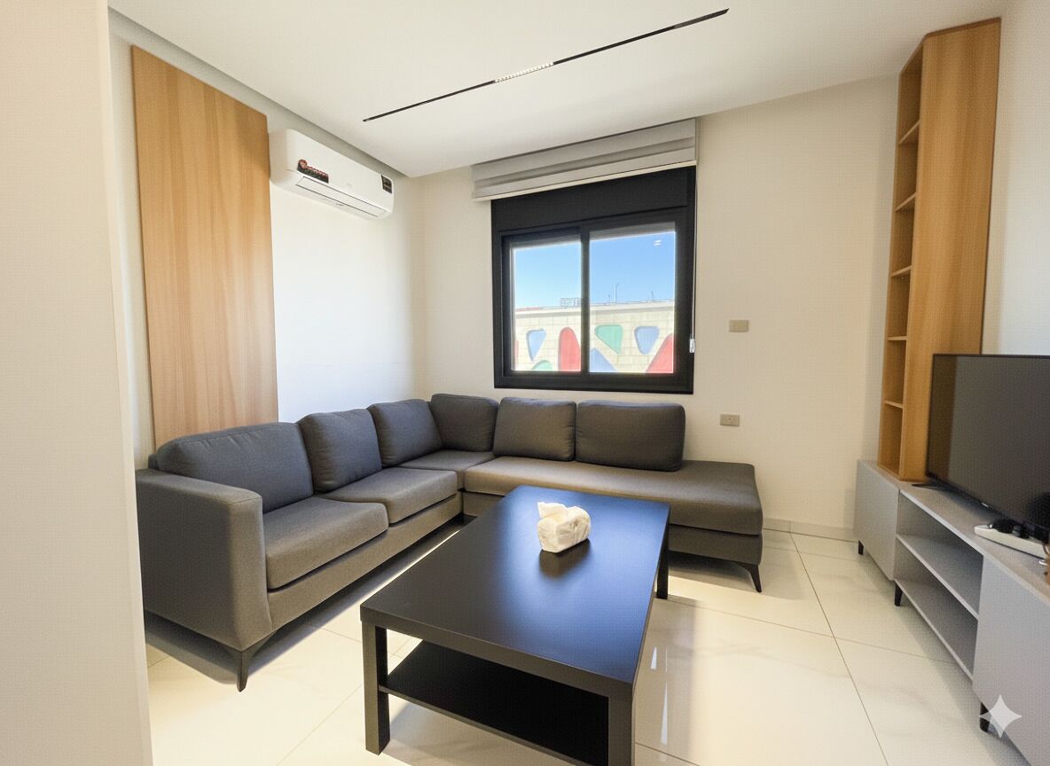 Un soggiorno moderno con un divano componibile, un tavolino, un mobile TV e una finestra con vista.