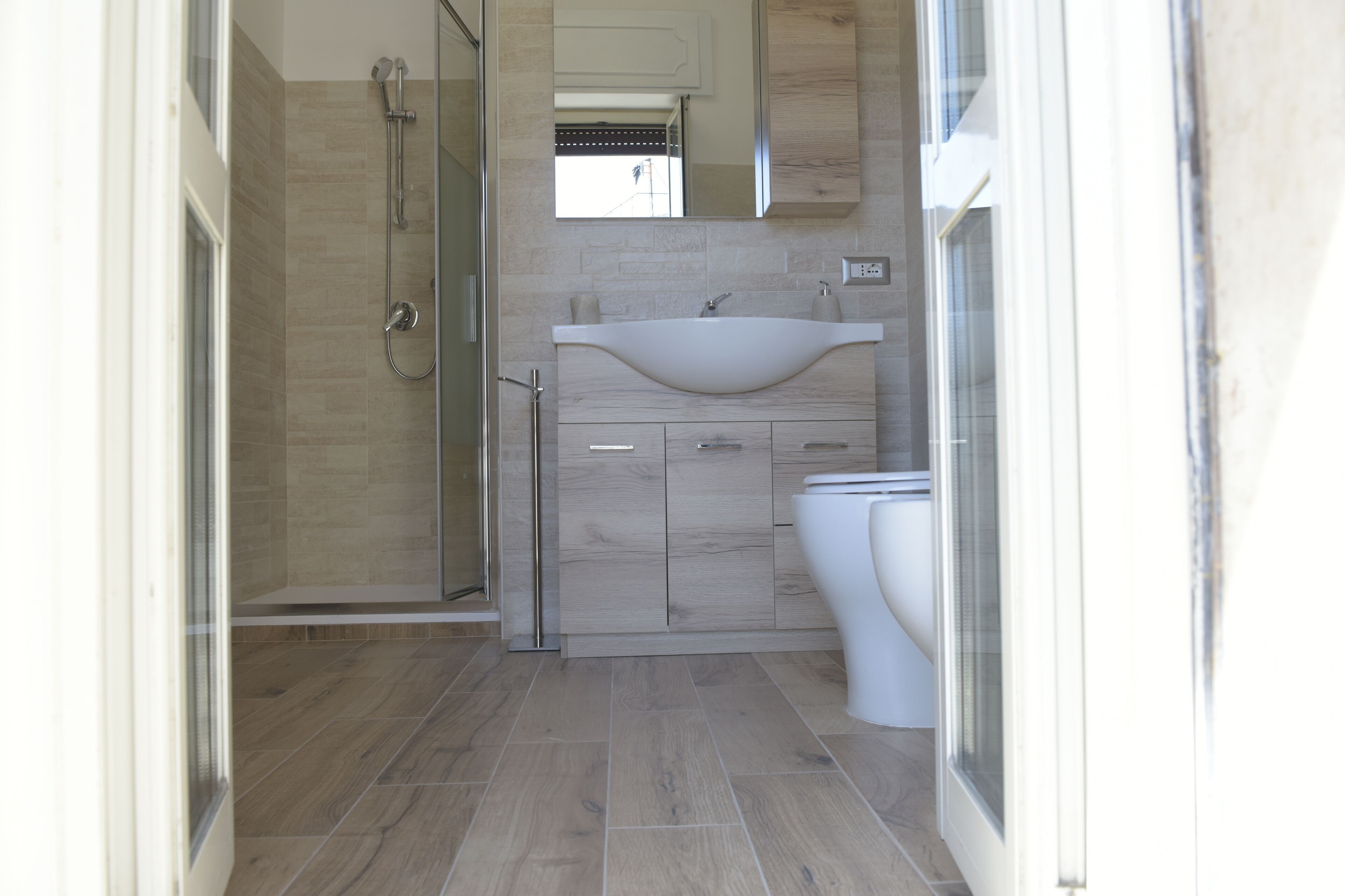 Shower, hair dryer, bidet, towels